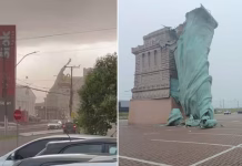 Brasil: vientos de hasta 90 km por hora derrumbaron una réplica de la Estatua de la Libertad de 35 metros
